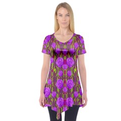 Roses Dancing On A Tulip Field Of Festive Colors Short Sleeve Tunic  by pepitasart