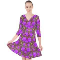 Roses Dancing On A Tulip Field Of Festive Colors Quarter Sleeve Front Wrap Dress by pepitasart