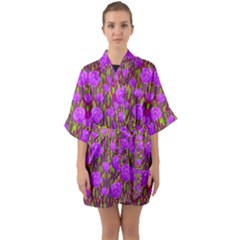 Roses Dancing On A Tulip Field Of Festive Colors Quarter Sleeve Kimono Robe by pepitasart