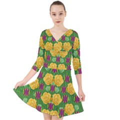 Roses Dancing On  Tulip Fields Forever Quarter Sleeve Front Wrap Dress by pepitasart