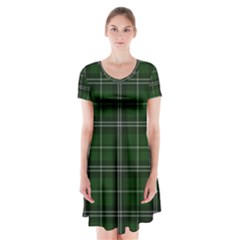 Green Plaid Pattern Short Sleeve V-neck Flare Dress by Valentinaart