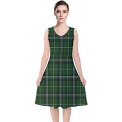 Green Plaid Pattern V-neck Midi Sleeveless Dress  by Valentinaart