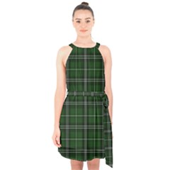 Green Plaid Pattern Halter Collar Waist Tie Chiffon Dress by Valentinaart