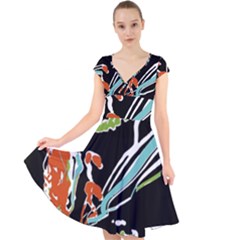 Multicolor Abstract Design Cap Sleeve Front Wrap Midi Dress by dflcprints