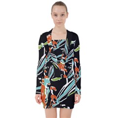 Multicolor Abstract Design V-neck Bodycon Long Sleeve Dress by dflcprints