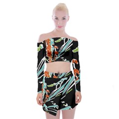 Multicolor Abstract Design Off Shoulder Top With Mini Skirt Set by dflcprints