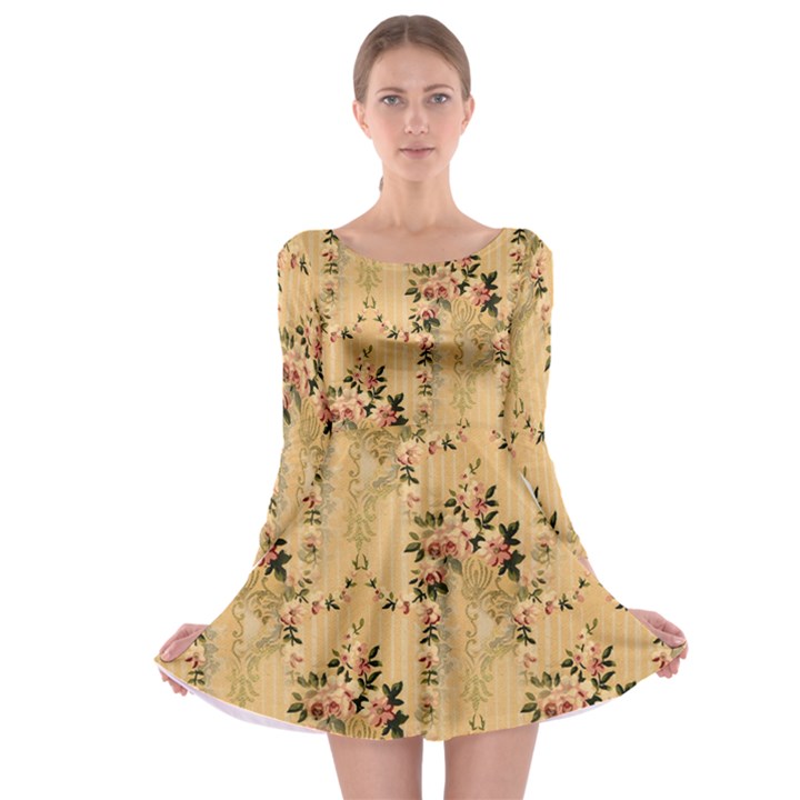 Vintage Floral Pattern Long Sleeve Skater Dress