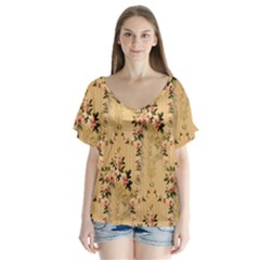 Vintage Floral Pattern V-neck Flutter Sleeve Top