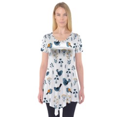 Spring Flowers And Birds Pattern Short Sleeve Tunic  by TastefulDesigns