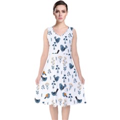 Spring Flowers And Birds Pattern V-neck Midi Sleeveless Dress  by TastefulDesigns