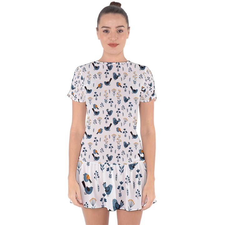 Spring flowers and birds pattern Drop Hem Mini Chiffon Dress