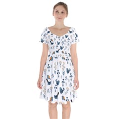 Spring Flowers And Birds Pattern Short Sleeve Bardot Dress