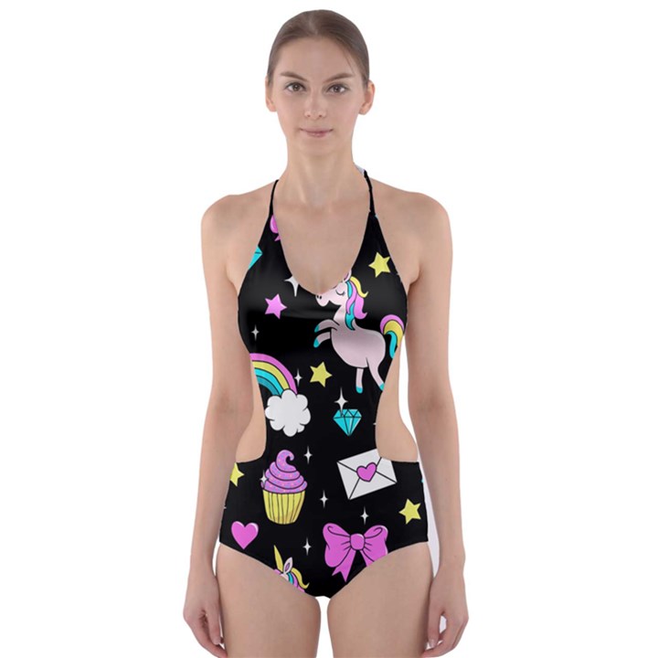 Cute Unicorn Pattern Cut-Out One Piece Swimsuit