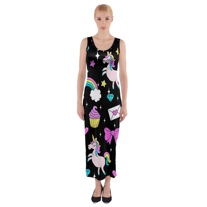 Cute Unicorn Pattern Fitted Maxi Dress