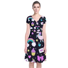 Cute Unicorn Pattern Short Sleeve Front Wrap Dress by Valentinaart