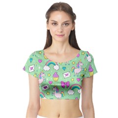 Cute Unicorn Pattern Short Sleeve Crop Top by Valentinaart