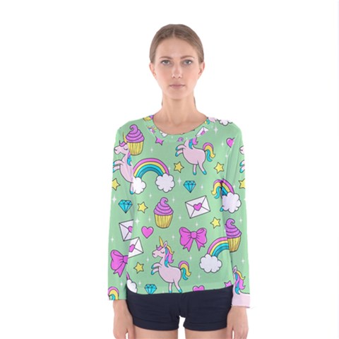 Cute Unicorn Pattern Women s Long Sleeve Tee by Valentinaart