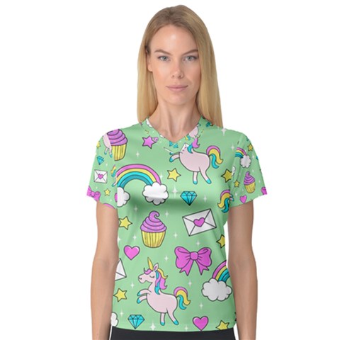 Cute Unicorn Pattern V-neck Sport Mesh Tee by Valentinaart