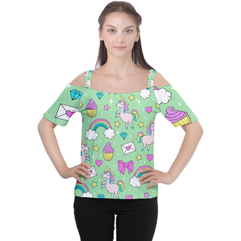 Cute Unicorn Pattern Cutout Shoulder Tee by Valentinaart