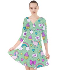 Cute Unicorn Pattern Quarter Sleeve Front Wrap Dress by Valentinaart