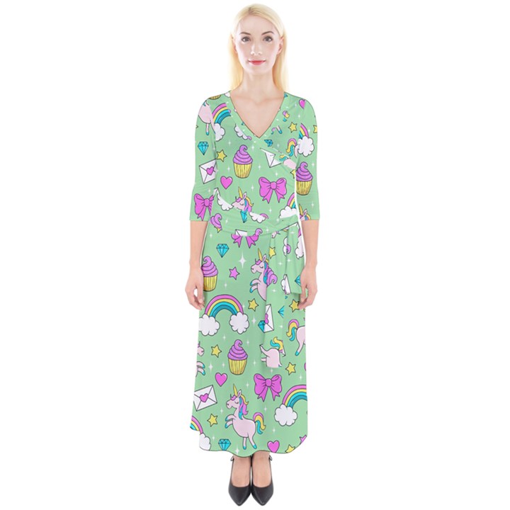 Cute Unicorn Pattern Quarter Sleeve Wrap Maxi Dress