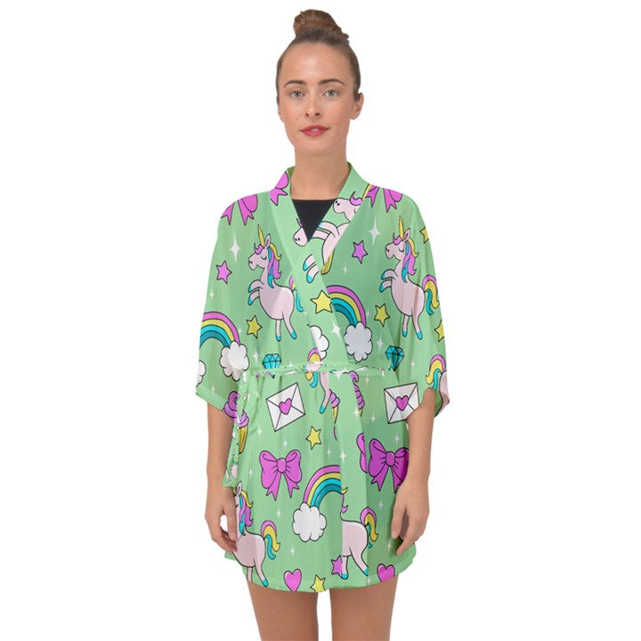 Cute Unicorn Pattern Half Sleeve Chiffon Kimono