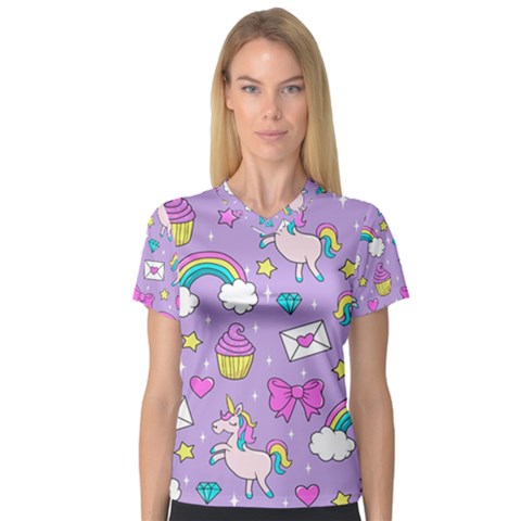 Cute Unicorn Pattern V-neck Sport Mesh Tee by Valentinaart