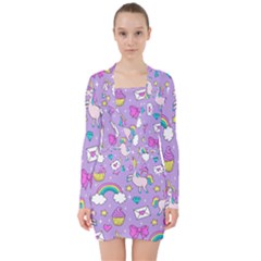 Cute Unicorn Pattern V-neck Bodycon Long Sleeve Dress by Valentinaart