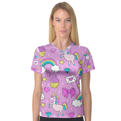 Cute Unicorn Pattern V-neck Sport Mesh Tee by Valentinaart