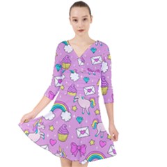 Cute Unicorn Pattern Quarter Sleeve Front Wrap Dress by Valentinaart