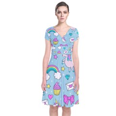 Cute Unicorn Pattern Short Sleeve Front Wrap Dress by Valentinaart