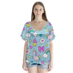 Cute Unicorn Pattern V-neck Flutter Sleeve Top by Valentinaart