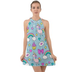 Cute Unicorn Pattern Halter Tie Back Chiffon Dress by Valentinaart