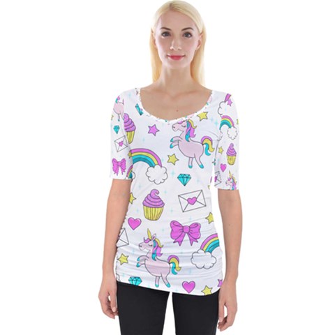 Cute Unicorn Pattern Wide Neckline Tee by Valentinaart