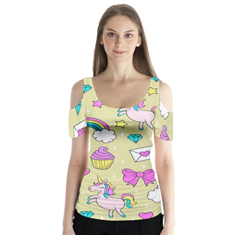 Cute Unicorn Pattern Butterfly Sleeve Cutout Tee  by Valentinaart