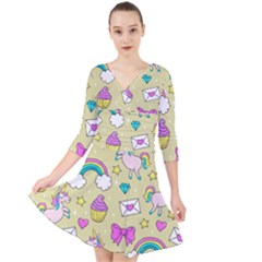 Cute Unicorn Pattern Quarter Sleeve Front Wrap Dress by Valentinaart