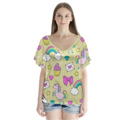 Cute Unicorn Pattern V-neck Flutter Sleeve Top by Valentinaart