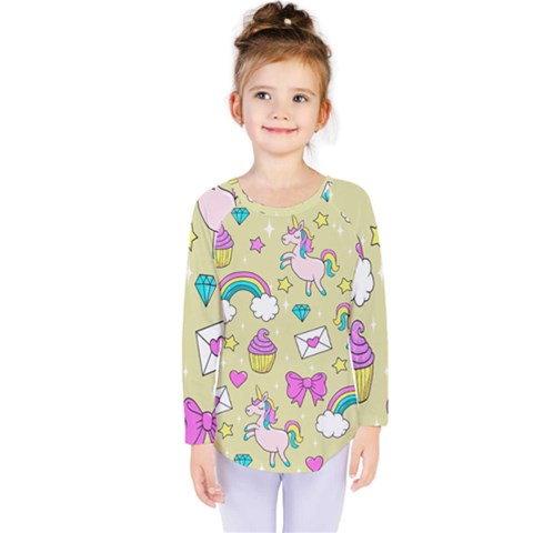 Cute Unicorn Pattern Kids  Long Sleeve Tee by Valentinaart