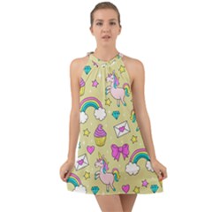 Cute Unicorn Pattern Halter Tie Back Chiffon Dress by Valentinaart