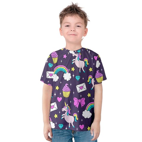 Cute Unicorn Pattern Kids  Cotton Tee by Valentinaart