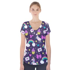 Cute Unicorn Pattern Short Sleeve Front Detail Top by Valentinaart