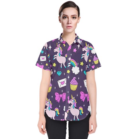 Cute Unicorn Pattern Women s Short Sleeve Shirt by Valentinaart