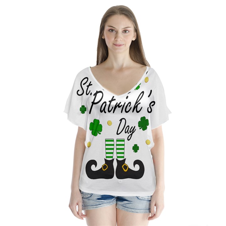 St Patricks Leprechaun V-Neck Flutter Sleeve Top