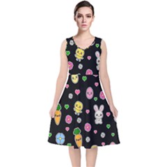 Easter Kawaii Pattern V-neck Midi Sleeveless Dress  by Valentinaart