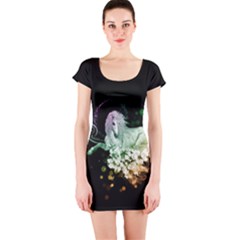 Wonderful Unicorn With Flowers Short Sleeve Bodycon Dress by FantasyWorld7