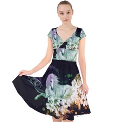 Wonderful Unicorn With Flowers Cap Sleeve Front Wrap Midi Dress by FantasyWorld7