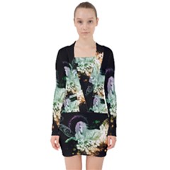 Wonderful Unicorn With Flowers V-neck Bodycon Long Sleeve Dress by FantasyWorld7