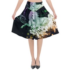 Wonderful Unicorn With Flowers Flared Midi Skirt by FantasyWorld7