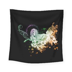 Wonderful Unicorn With Flowers Square Tapestry (small) by FantasyWorld7