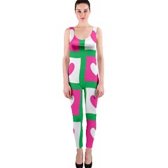 Pink Hearts Valentine Love Checks One Piece Catsuit by Nexatart